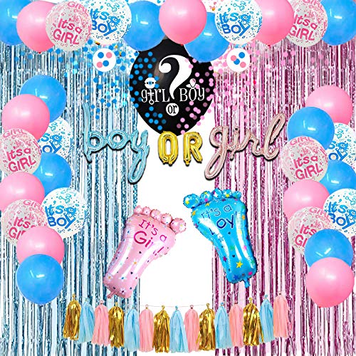 Suministros Fiesta Revelar Género Bebé Globo de Revelación 36 pul Bandera de Niño o Niña, Globos Aluminio Globo Rosa Azul Cortina de Flecos Metálica Borlas Papel Seda para Baby Shower Cumpleaños