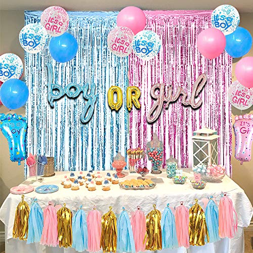 Suministros Fiesta Revelar Género Bebé Globo de Revelación 36 pul Bandera de Niño o Niña, Globos Aluminio Globo Rosa Azul Cortina de Flecos Metálica Borlas Papel Seda para Baby Shower Cumpleaños