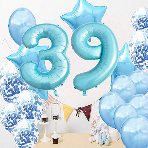 Suministros para decoración de 39 cumpleaños, globos azules, globos de polietileno número 39, globos de látex, gran regalo de cumpleaños para niñas, accesorios de fotos