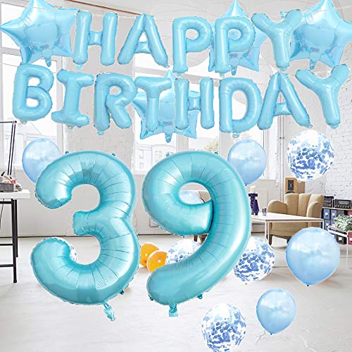 Suministros para decoración de 39 cumpleaños, globos azules, globos de polietileno número 39, globos de látex, gran regalo de cumpleaños para niñas, accesorios de fotos