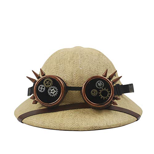 SUN-BING-MZ, 2019 Gafas Toquilla Paja Steampunk Hat Casco Pith Sombreros de Sol for Hombres Guerra de Vietnam Sombrero del ejército Safari Selva Mineros Cap Papá Boater Cubo Sombreros Cosplay