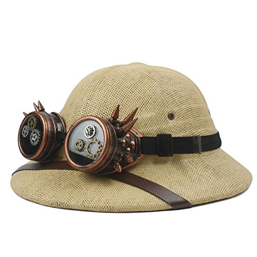 SUN-BING-MZ, 2019 Gafas Toquilla Paja Steampunk Hat Casco Pith Sombreros de Sol for Hombres Guerra de Vietnam Sombrero del ejército Safari Selva Mineros Cap Papá Boater Cubo Sombreros Cosplay