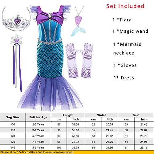 SunHibay 5 Piezas de Disfraces de Cosplay de Sirena Vestido de Ariel para Fiesta de Cumpleaños de Niñas con Joyería de Tiara (K52(PPP), 100)