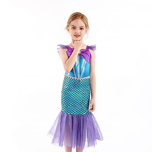 SunHibay 5 Piezas de Disfraces de Cosplay de Sirena Vestido de Ariel para Fiesta de Cumpleaños de Niñas con Joyería de Tiara (K52(PPP), 100)