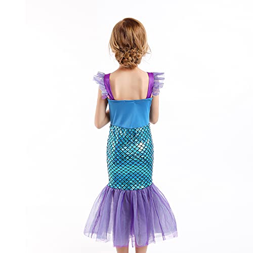 SunHibay 5 Piezas de Disfraces de Cosplay de Sirena Vestido de Ariel para Fiesta de Cumpleaños de Niñas con Joyería de Tiara (K52(PPP), 100)