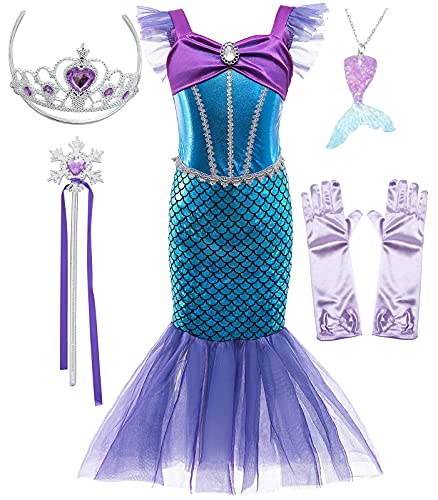 SunHibay 5 Piezas de Disfraces de Cosplay de Sirena Vestido de Ariel para Fiesta de Cumpleaños de Niñas con Joyería de Tiara (K52(PPP), 100)