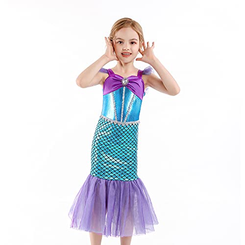 SunHibay 5 Piezas de Disfraces de Cosplay de Sirena Vestido de Ariel para Fiesta de Cumpleaños de Niñas con Joyería de Tiara (K52(PPP), 100)