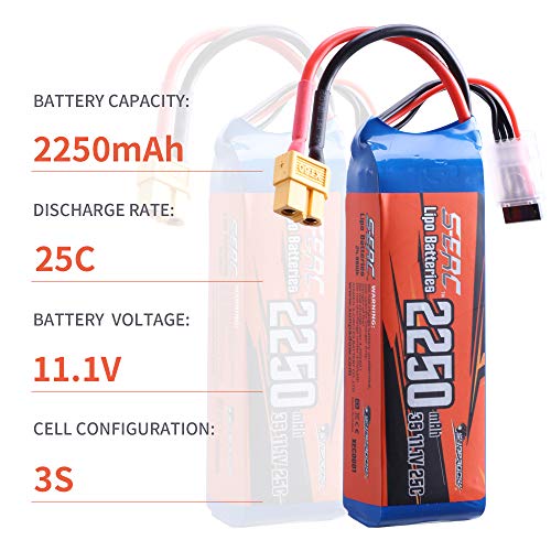 SUNPADOW Batería de polímero de litio 3S 11,1 V, 25 C, 2250 mAh, con conector XT60 para cuadricóptero RC Airplane Drone FPV Racing Model Hobby