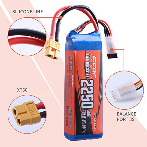 SUNPADOW Batería de polímero de litio 3S 11,1 V, 25 C, 2250 mAh, con conector XT60 para cuadricóptero RC Airplane Drone FPV Racing Model Hobby