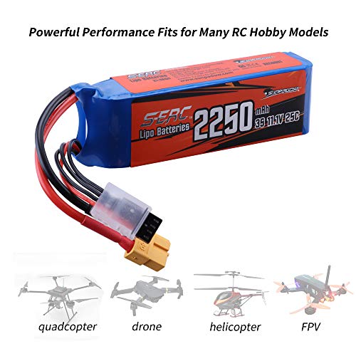 SUNPADOW Batería de polímero de litio 3S 11,1 V, 25 C, 2250 mAh, con conector XT60 para cuadricóptero RC Airplane Drone FPV Racing Model Hobby