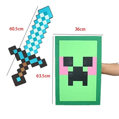 Swords Minecraft Juego periférico de Espuma y Escudo, Juego Combinado de Espuma Eva, Espada de Diamante de Juguete (Juego de 2 Piezas, Rojo/Azul, Espada y Escudo)