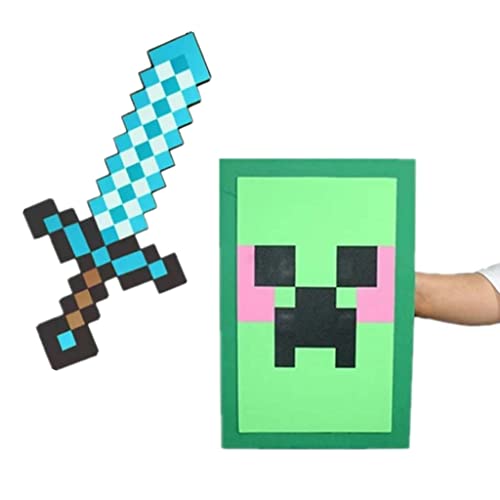 Swords Minecraft Juego periférico de Espuma y Escudo, Juego Combinado de Espuma Eva, Espada de Diamante de Juguete (Juego de 2 Piezas, Rojo/Azul, Espada y Escudo)