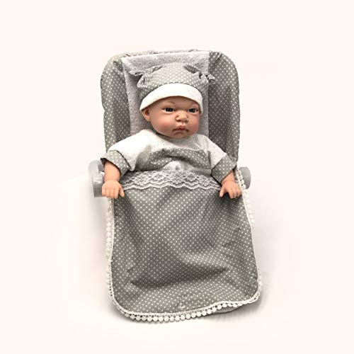 Tachan - Muñeca con Cuerpo Blando de 30 cm, en capazo y saquito de bebé Gris Que emite 12 Sonidos Diferentes (781T00437)