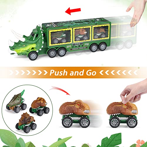 Tacobear Camión Dinosaurios Juguetes con Luces y Sonidos Camión de Transporte con Coches de Juguetes Pequeños Figuras Dinosaurios Camion Juguete Regalo para Niños Niñas 3 4 5 6 Años (Verde)