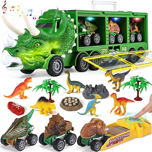 Tacobear Camión Dinosaurios Juguetes con Luces y Sonidos Camión de Transporte con Coches de Juguetes Pequeños Figuras Dinosaurios Camion Juguete Regalo para Niños Niñas 3 4 5 6 Años (Verde)