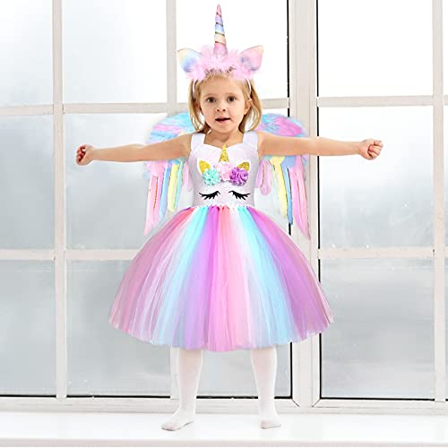 Tacobear Disfraz Unicornio Niña con Unicornio Diadema Alas Princesa Unicornio Vestido Tutu Arcoiris Unicornio para Niña 3 4 5 6 7 8 9 años Cumpleaños Carnaval Cosplay Fiesta (5-6 años)