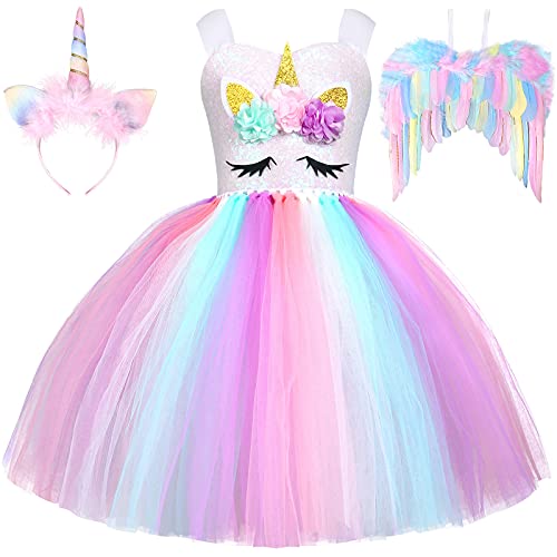 Tacobear Disfraz Unicornio Niña con Unicornio Diadema Alas Princesa Unicornio Vestido Tutu Arcoiris Unicornio para Niña 3 4 5 6 7 8 9 años Cumpleaños Carnaval Cosplay Fiesta (5-6 años)