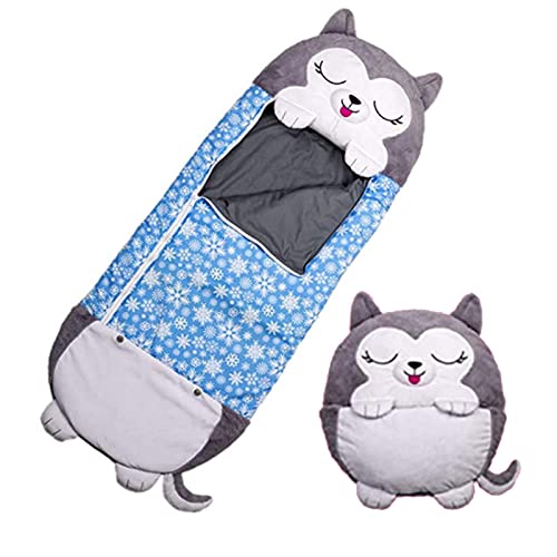 TDHLW 2 In 1 Niños Saco de Dormir Animales Suave Sleeping Sacos Kids Plegable Suave Bolsa de Dormir para Acampar, Viajar al Aire Libre,Blue Husky,M