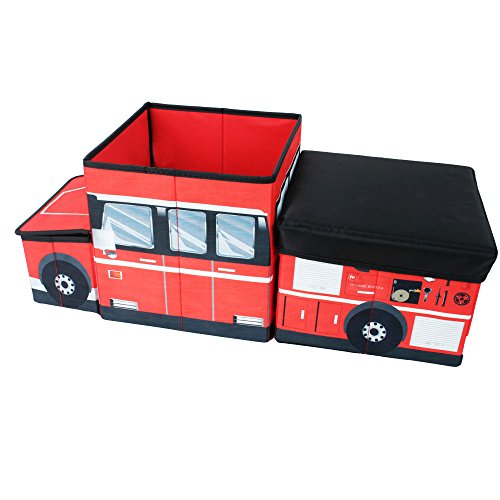 TE-Trend Plegable Coche de Bomberos Caja de Almacenaje Ordnungsbox Caja de Juego Niños Chicos de Taburete Taburete Tapa Rojo Multicolor