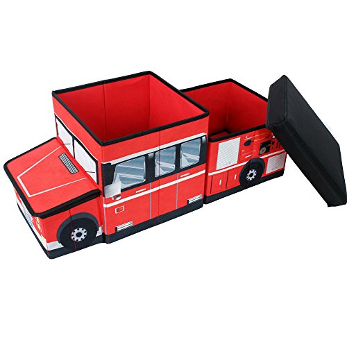 TE-Trend Plegable Coche de Bomberos Caja de Almacenaje Ordnungsbox Caja de Juego Niños Chicos de Taburete Taburete Tapa Rojo Multicolor