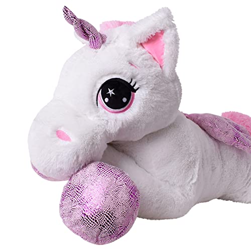 TE-Trend XXL Peluche Caballo Unicornio Unicorn Peluche Tumbado 130cm Púrpura glitzerhorn Grandes Ojos Blanco