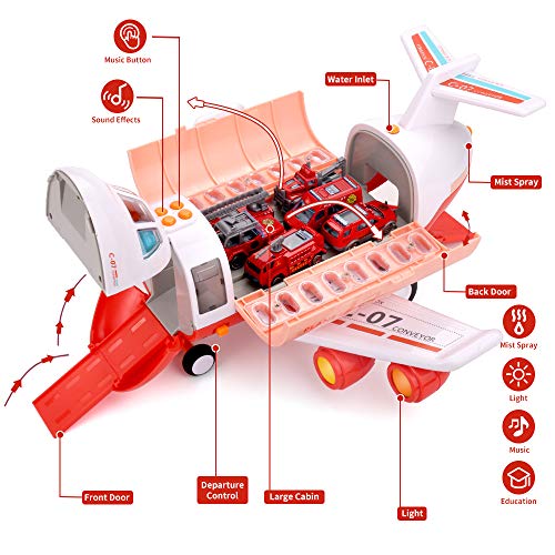 TEMI Avión de transporte con 6 mini camiones de lucha contra incendios fundido y tapete de juego para niños de 3 a 6 años de edad, avión de juguete educativo temprano con niebla Spay, música y luz.