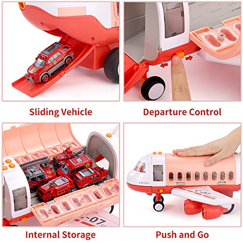 TEMI Avión de transporte con 6 mini camiones de lucha contra incendios fundido y tapete de juego para niños de 3 a 6 años de edad, avión de juguete educativo temprano con niebla Spay, música y luz.