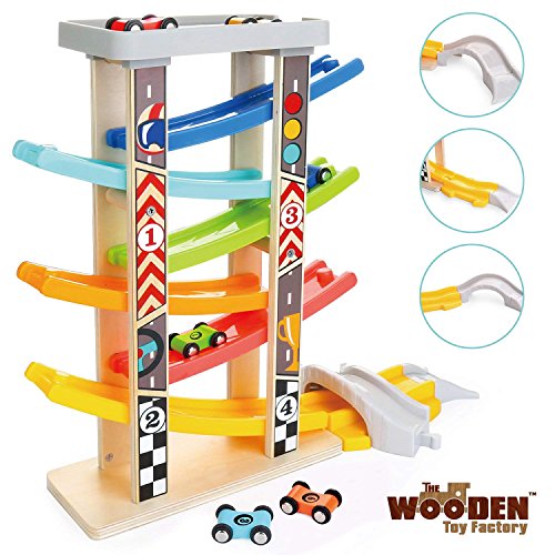 The Wooden Toy Factory - Mega Circuito de Coches de Carreras Click Clack Racing Track con *6* Coches - Incluye Aparcamiento - No Requiere Montaje (Mega Circuito de Coches de Carreras)