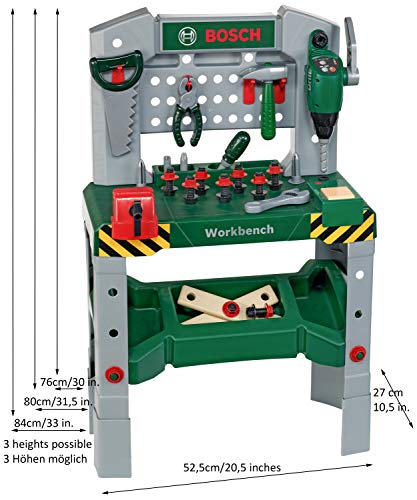 Theo Klein 8637 Banco de trabajo de 48 piezas Bosch, Pies de altura ajustable, Superficie de trabajo con numerosas funciones y aparatos a pilas, Incluye martillo, sierra, llave inglesa y mucho más