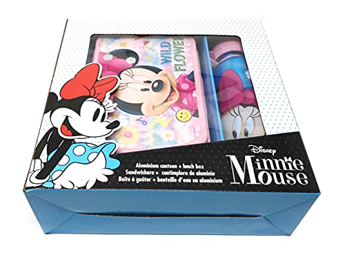 Theonoi Juego de desayuno de 2 piezas para niños – a elegir: Frozen – Minnie – 1 fiambrera para sándwich y 1 botella de aluminio/botella de agua de aluminio para niñas (Minnie Mouse)