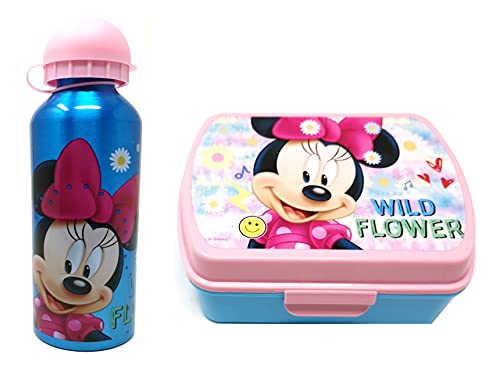 Theonoi Juego de desayuno de 2 piezas para niños – a elegir: Frozen – Minnie – 1 fiambrera para sándwich y 1 botella de aluminio/botella de agua de aluminio para niñas (Minnie Mouse)