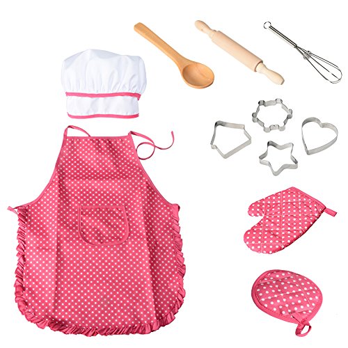 ThinkMax Set de 11 Piezas de Chef, Juegos de rol de Vestuario de Cocina, Delantal de niña con Gorro de Cocinero, mitón de Cocina y cortadores de Galletas