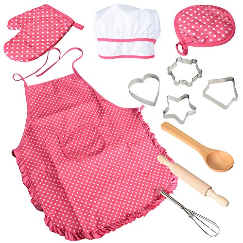 ThinkMax Set de 11 Piezas de Chef, Juegos de rol de Vestuario de Cocina, Delantal de niña con Gorro de Cocinero, mitón de Cocina y cortadores de Galletas