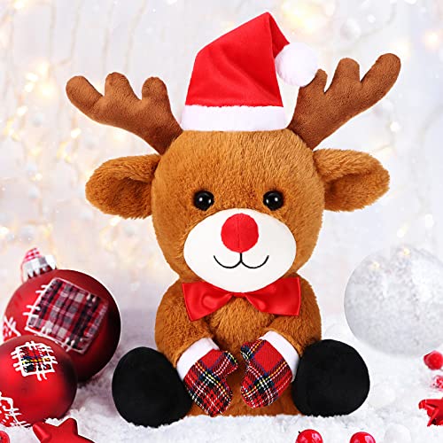 Threan Animal de Peluche Vestido Navidad Chow de Felpa Muñeco de Peluche Animal de Peluche Navidad Animal de Peluche Vacación Animal Perro Navidad con Gorro Papá Noel, 8 Pulgadas (Estilo Ciervo)