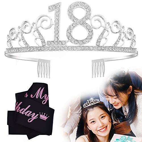 Tiara de cristal para el 18º cumpleaños, corona de cumpleaños, corona de princesa, accesorio para el pelo, color plateado para fiestas de cumpleaños o tarta de cumpleaños