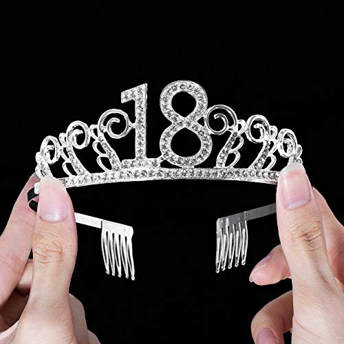 Tiara de cristal para el 18º cumpleaños, corona de cumpleaños, corona de princesa, accesorio para el pelo, color plateado para fiestas de cumpleaños o tarta de cumpleaños