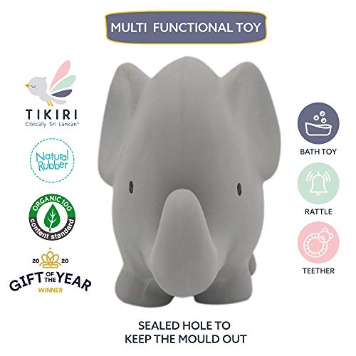 Tikiri 8596007 - Sonajero de caucho natural en caja de regalo, diseño de elefante, juguete de baño, para bebés y niños a partir de 0 meses