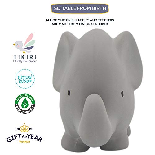 Tikiri 8596007 - Sonajero de caucho natural en caja de regalo, diseño de elefante, juguete de baño, para bebés y niños a partir de 0 meses