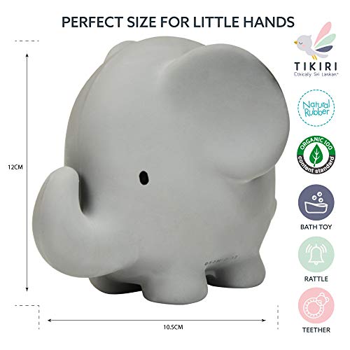 Tikiri 8596007 - Sonajero de caucho natural en caja de regalo, diseño de elefante, juguete de baño, para bebés y niños a partir de 0 meses