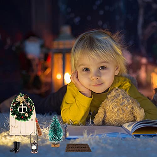 Tiny Fairy Door, juego de puertas navideñas de 12 cm con 7 piezas de accesorios navideños, idea de cuento de hadas, actividades artesanales, decoraciones navideñas de interior para la noche de elfos a