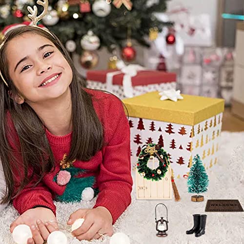 Tiny Fairy Door, juego de puertas navideñas de 12 cm con 7 piezas de accesorios navideños, idea de cuento de hadas, actividades artesanales, decoraciones navideñas de interior para la noche de elfos a