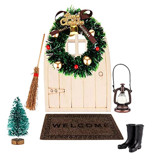 Tiny Fairy Door, juego de puertas navideñas de 12 cm con 7 piezas de accesorios navideños, idea de cuento de hadas, actividades artesanales, decoraciones navideñas de interior para la noche de elfos a