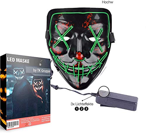 TK Gruppe Timo Klingler Máscara de terror LED roja - como de Purge con 3 efectos de luz, controlable, para Halloween como disfraz para hombres y mujeres (green)