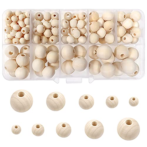 TOAOB 160 Piezas 6 mm a 14 mm Tamaño Mixtos Bolas de Madera Redondas con Agujero Grandes Abalorios Madera Natural Cuentas de Madera para Manualidades Decoraciones Macrame Artesanal Haciendo Joyería