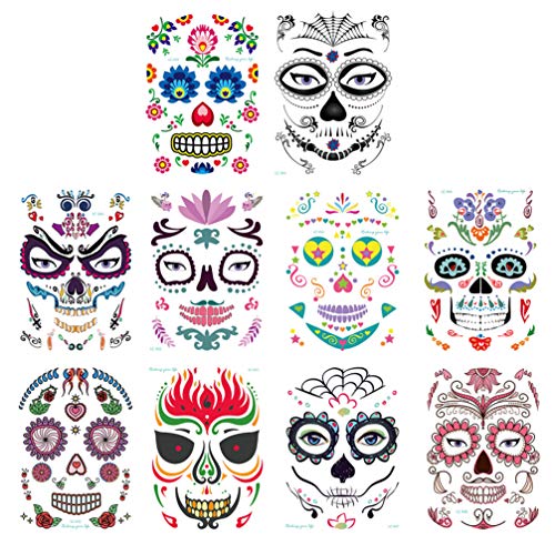 Tomaibaby 10 Hojas Día de Los Muertos Tatuaje de La Cara de Halloween Calavera de Azúcar Tatuajes Temporales Favor de Fiesta Mascarada Disfraz Maquillaje Kit de Cosméticos