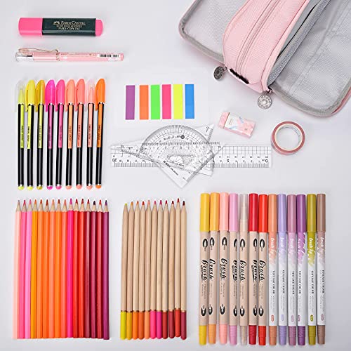 TOYESS Estuche Escolar con 3 Compartimentos, Estuche Escolar Grande Capacidad, Estuche Multifuncional con Cremallera para Niña, Niños, Adolescentes, Estudiantes（Rosa）