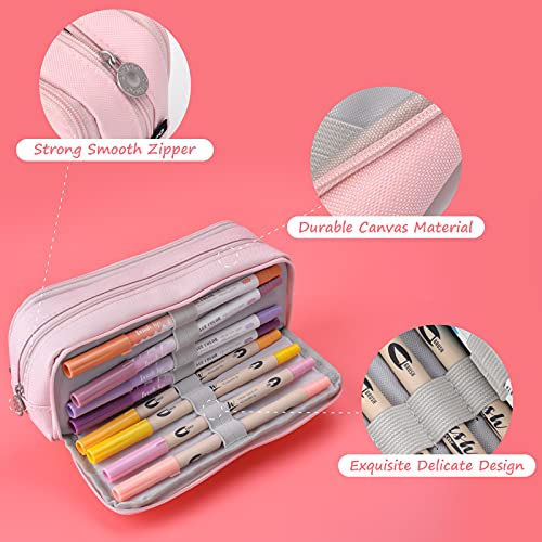 TOYESS Estuche Escolar con 3 Compartimentos, Estuche Escolar Grande Capacidad, Estuche Multifuncional con Cremallera para Niña, Niños, Adolescentes, Estudiantes（Rosa）