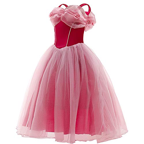 Trajes de Princesa Aurora para Niñas Disney Disfraz Manga Corta Tutu Vestido Largo de Tul con Accesorios para Carnaval Cosplay Halloween Navidad Fiesta de Cumpleaños Rojo Aurora 11-12 Años