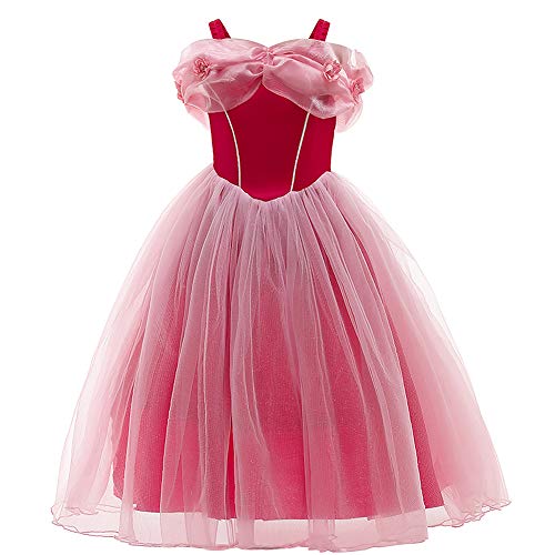 Trajes de Princesa Aurora para Niñas Disney Disfraz Manga Corta Tutu Vestido Largo de Tul con Accesorios para Carnaval Cosplay Halloween Navidad Fiesta de Cumpleaños Rojo Aurora 11-12 Años