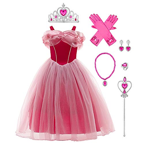 Trajes de Princesa Aurora para Niñas Disney Disfraz Manga Corta Tutu Vestido Largo de Tul con Accesorios para Carnaval Cosplay Halloween Navidad Fiesta de Cumpleaños Rojo Aurora 11-12 Años